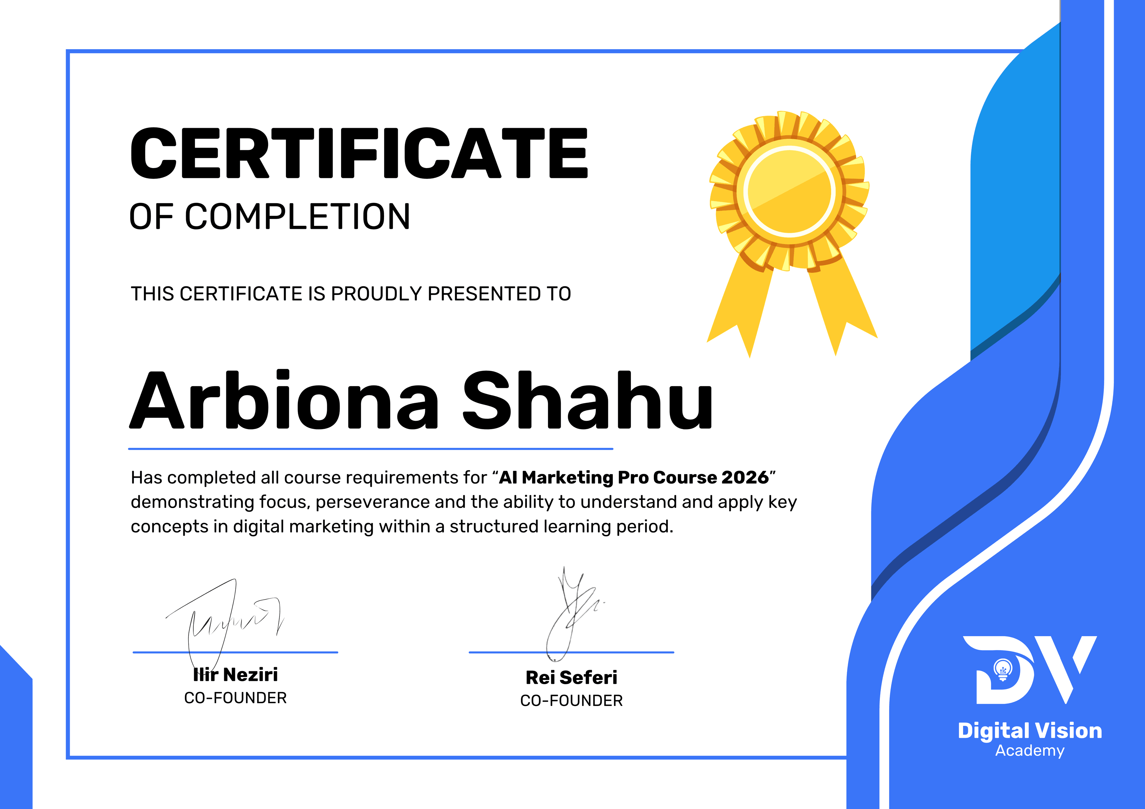 Certifikata e përfundimit të kursit për Arbiona Shahu