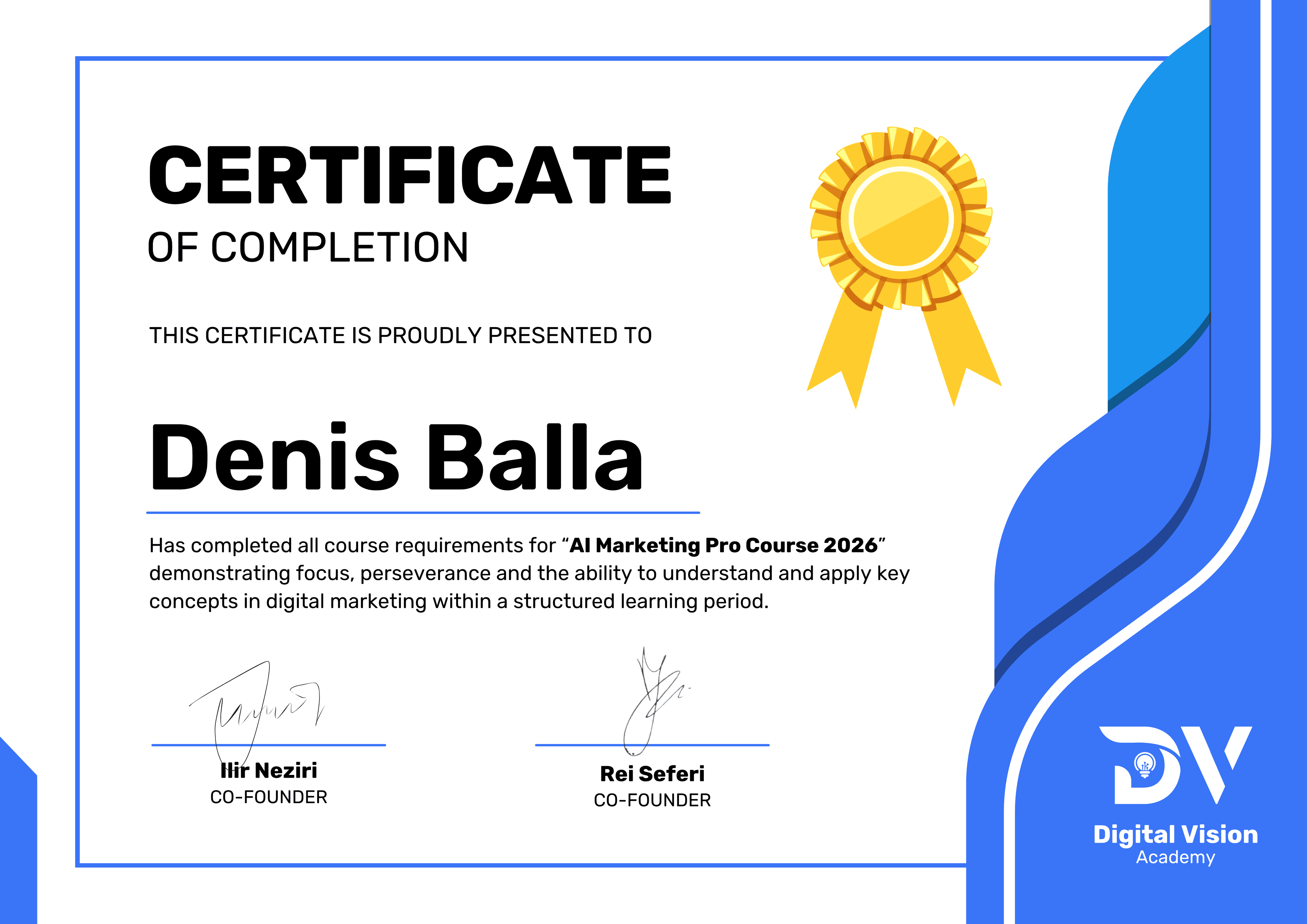 Certifikata e përfundimit të kursit për Denis Balla