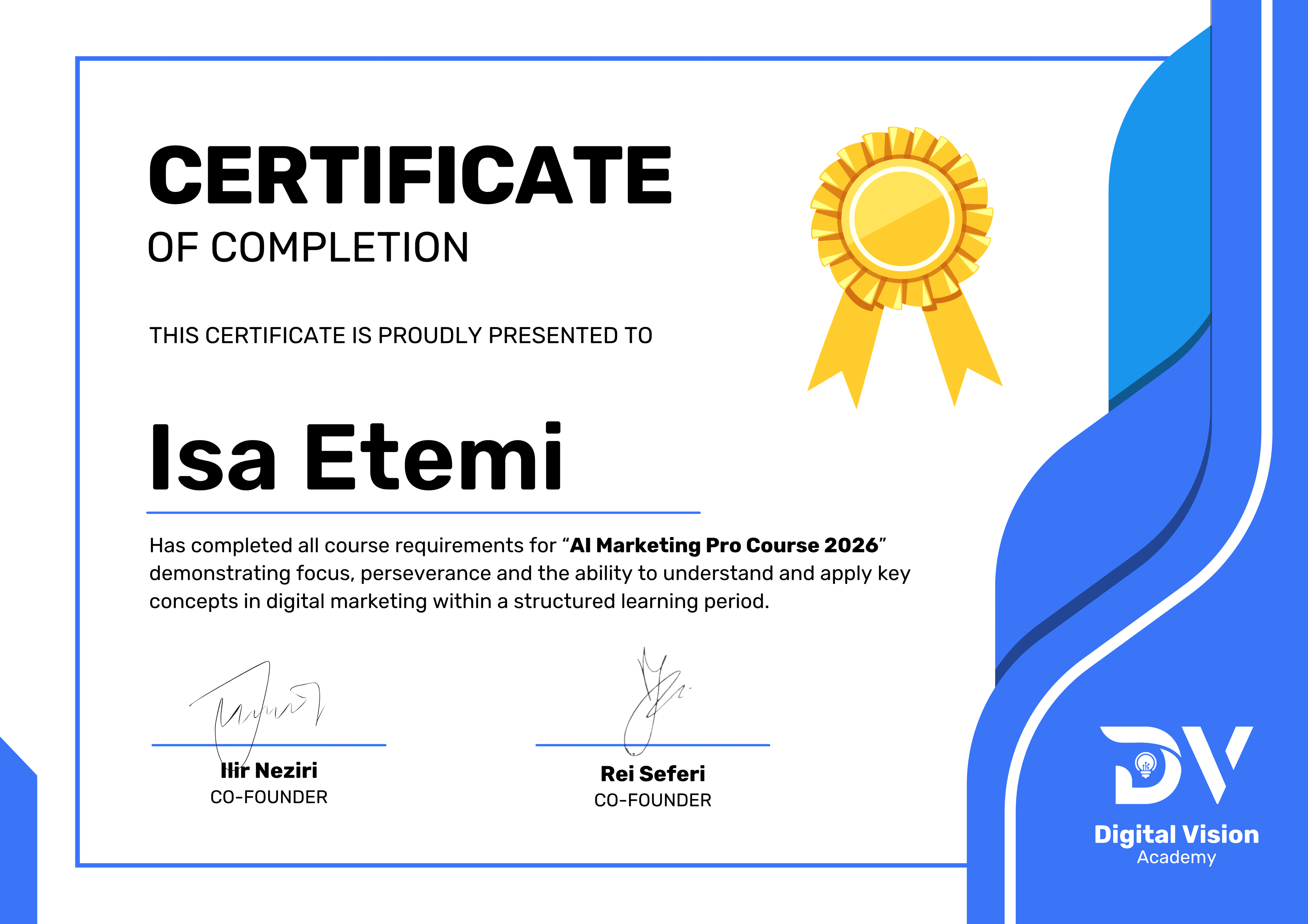 Certifikata e përfundimit të kursit për Isa Etemi