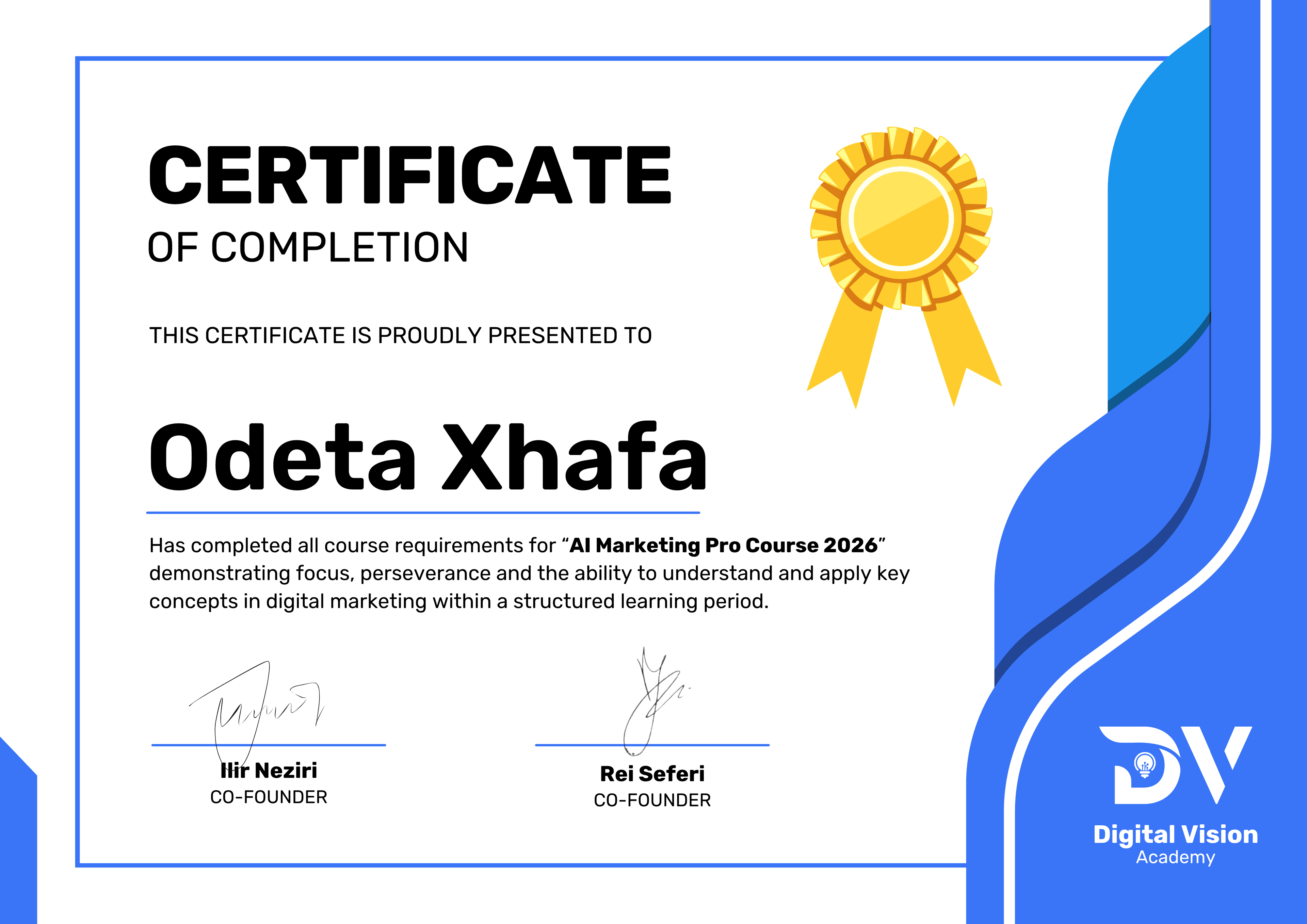 Certifikata e përfundimit të kursit për Odeta Xhafa