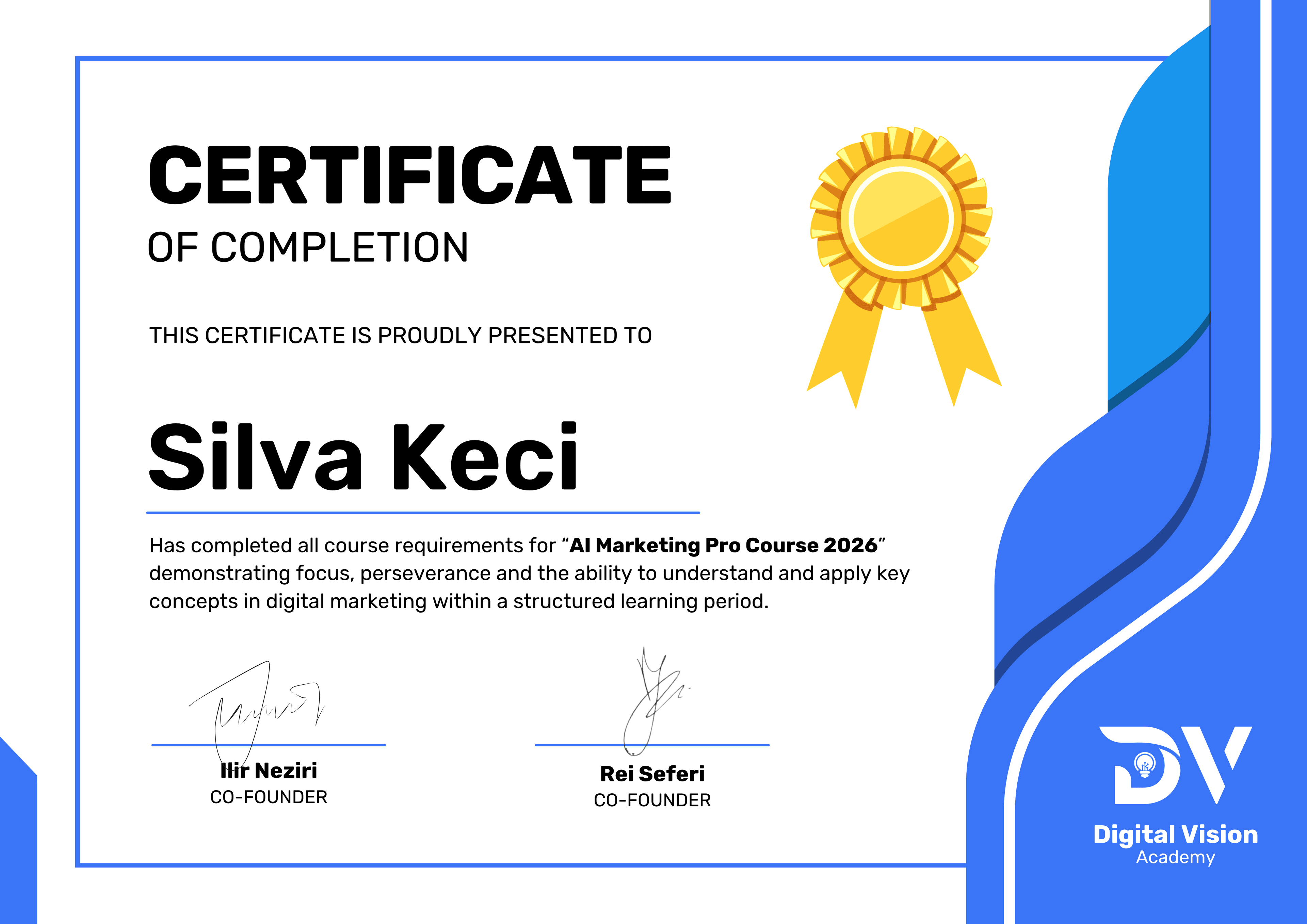 Certifikata e përfundimit të kursit për Silva Keci