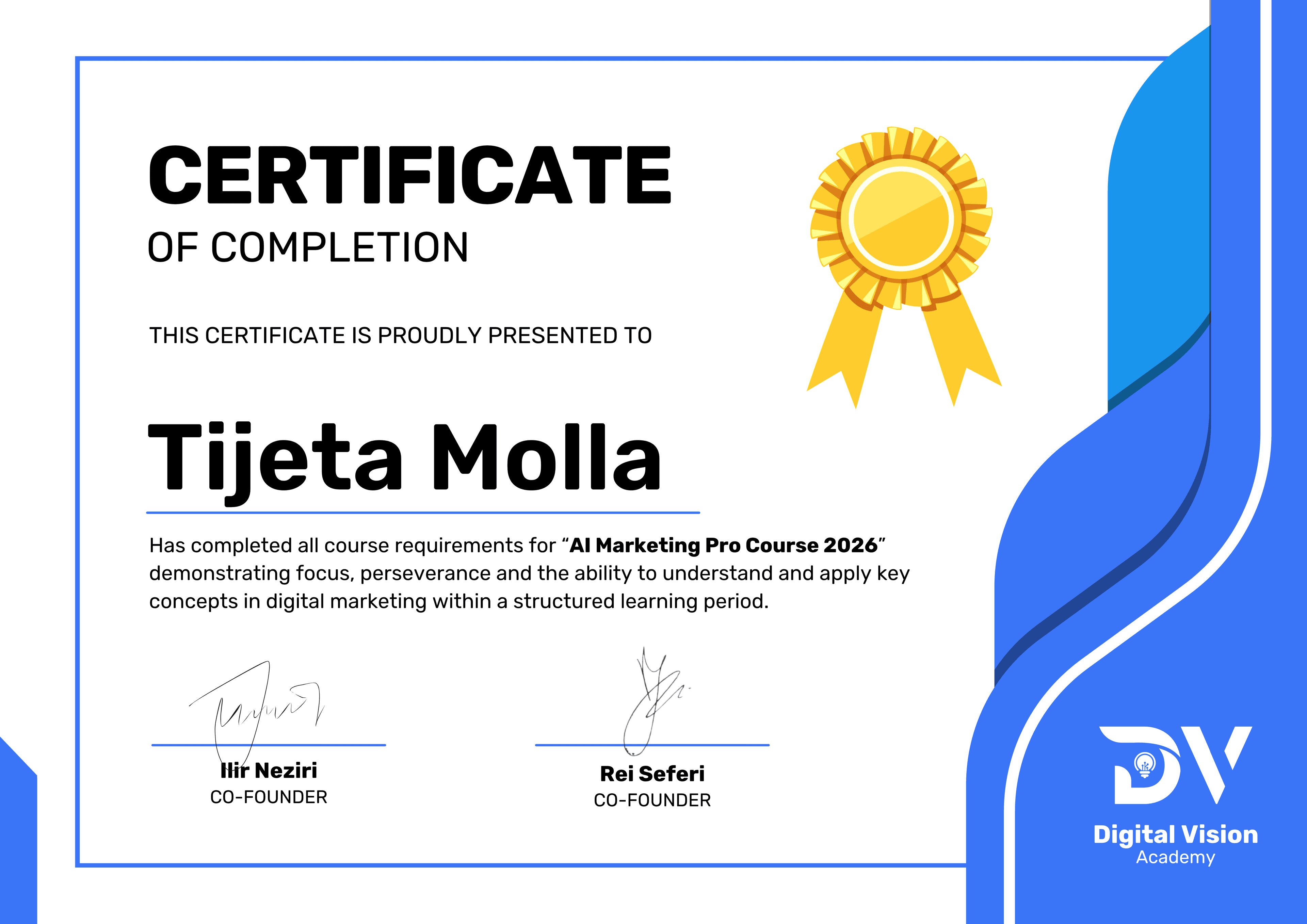Certifikata e përfundimit të kursit për Tijeta Molla